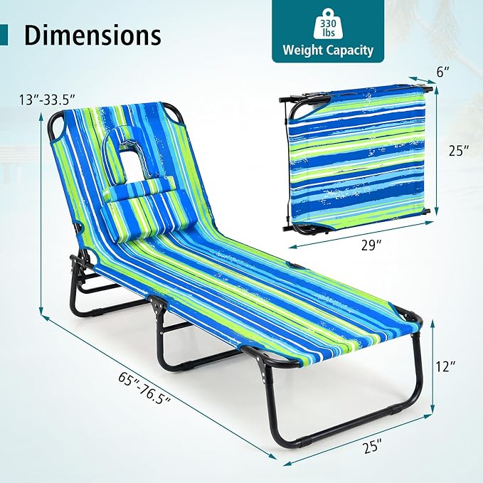 GYMAX Tanning Chair, Folding Lounge Chairs with Face Hole & Cover, Removable Pillow Carry Handle, Portable Compact Outdoor Layout Recliner for Beach, Poolside, Lawn, Patio, Camping (Blue Stripe,2)