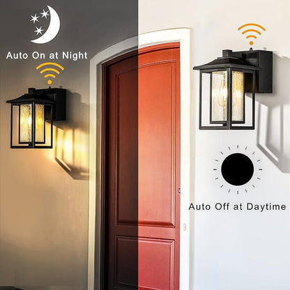 ALOADECOR 1 Light Black Exterior Light Dusk to Dawn Sensor Outdoor Lights Garage Wall Lights with Seeded Glass Front Porch Light Fixtures with GFCI Outlets for Outside Garden Porch Patio