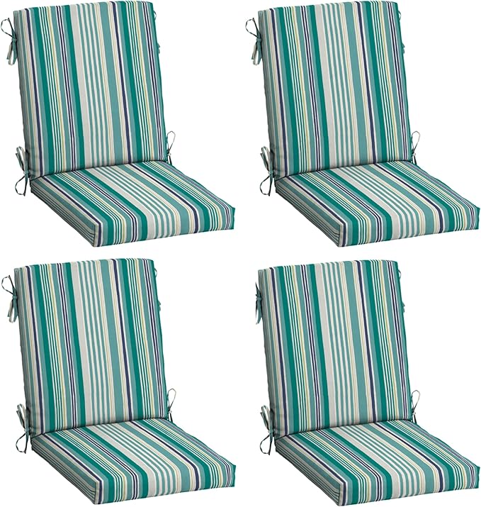 Arden 4-Pack Outdoor Patio Dining Chair Cushion, 20x44, Rain-Proof Seat Pad, Fade-Resistant Outdoor Cushion Teal Cobalt Stripe