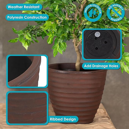 Sunnydaze Ribbed 16" Outdoor Plant Pot - Polyresin Double-Walled Planter for Indoor or Outdoor Use - Rust - Set of 2
