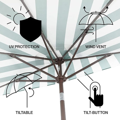 JONATHAN Y Half Umbrella UMB1201F Beverly 9 ft. Designer Classic Scalloped Fringe Market Patio with Crank, Push Button Tilt and UV Protection in Green/White