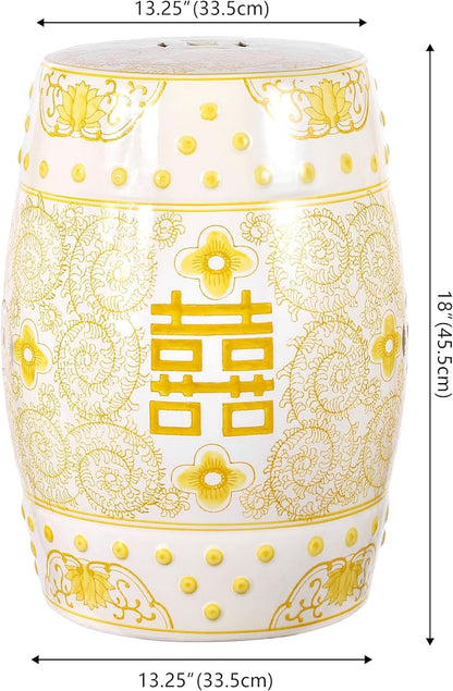 JONATHAN Y Double Happiness 18" Ceramic Garden Stool, Traditional Chinoiserie Yellow and White Indoor/Outdoor Patio Drum Accent Side Table and Plant Stand TBL1013B