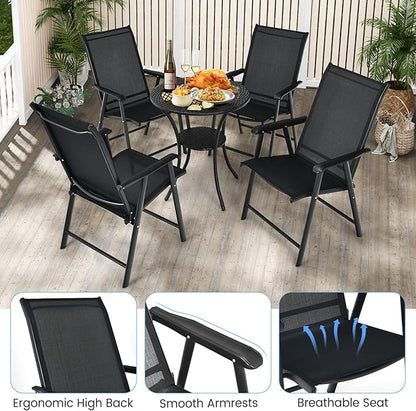 Tangkula Set of 2 Patio Folding Chairs, Outdoor Fabric Dining Chairs with High Back & Armrests, Sturdy Metal Frame for Patio Lawn Garden (Black)