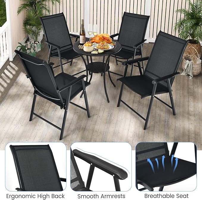 Tangkula Set of 4 Patio Folding Chairs, Outdoor Fabric Dining Chairs with High Back & Armrests, Sturdy Metal Frame for Patio Lawn Garden (Black)