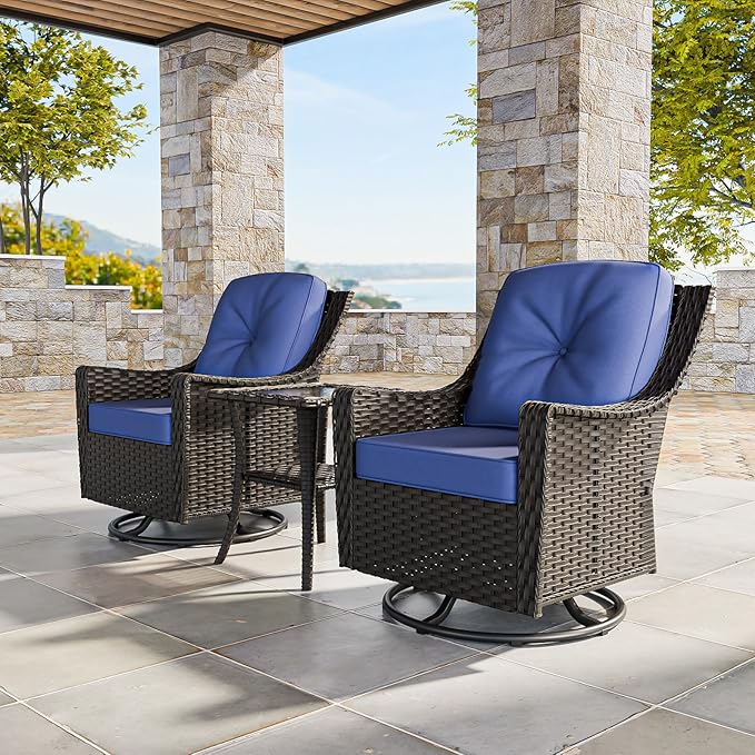 COOS BAY Stone Harbor Patio Bistro Set, 3 Piece Rattan Patio Table and Chairs Set, Wicker Swivel Rockers with Side Table, Small Balcony Furniture Set, Brown/Blue