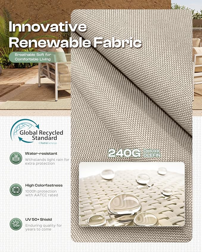 Aluminum Outdoor Patio Couch Loveseat, HDPE Rope Patio Sofa with Washable Thick Cushion, All-Weather Patio Furniture for Balcony, Yard, Silver Frame, Beige