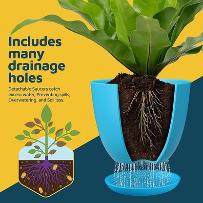 Blue Plant Pots with Drainage Holes & Saucers 5 Pack, Indoor & Outdoor Stackable Space-Saving Planters for Houseplants & Flowers, (7", 6.7", 6", 5.3", and 4.8" Inches), Durable & Weatherproof