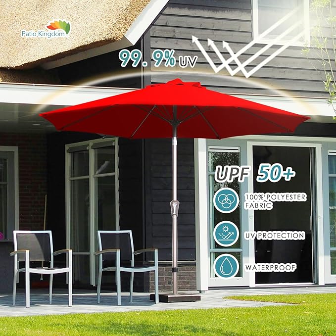 PatioKingdom 9FT Patio Outdoor Umbrella-UPF 50+ Sun Shade with Wind Vent, Push-Button Tilt & Smooth Crank Lift, Rust-Resistant Fiberglass Frame for Garden, Backyard,Yard (Red, 9FT)