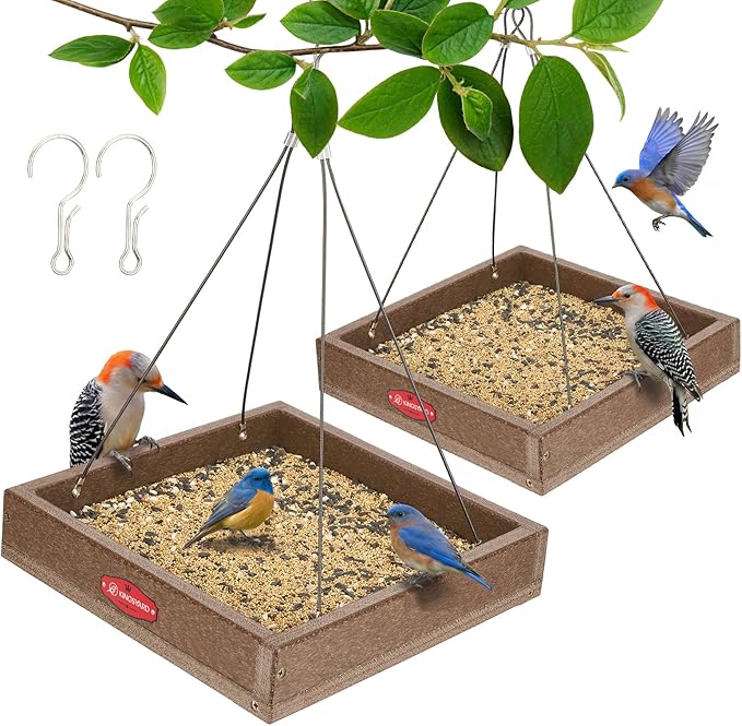 Kingsyard 2 Pack Platform Bird Feeder Tray for Outdoor Hanging - Durable Recycled Plastic & Metal Mesh, Large 3.5 lbs Capacity, Ideal for Attracting Large Birds, Brown