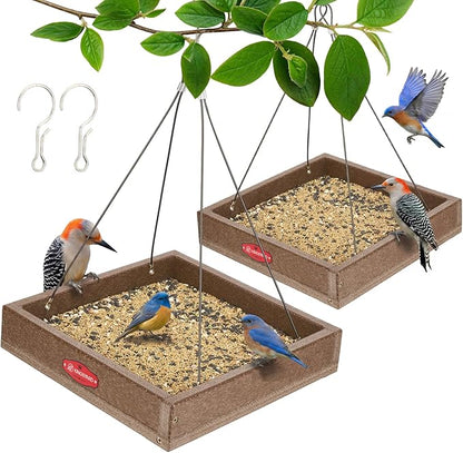 Kingsyard 2 Pack Platform Bird Feeder Tray for Outdoor Hanging - Durable Recycled Plastic & Metal Mesh, Large 3.5 lbs Capacity, Ideal for Attracting Large Birds, Brown