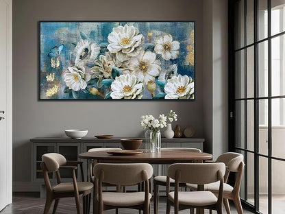 Arjun Black Framed Flower Canvas Wall Art for Living Room White Modern Painting for Bedroom Textured Gold Turquoise Picture Floral Teal Artwork Large Home Office Wall Decor 40"x20"