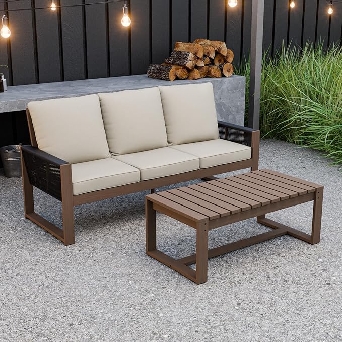 Rustic Hideaway Natural Cedar Wood Outdoor Furniture Set, Wicker Patio Conversation Set for Porch Garden Backyard, Couch and Coffee Table, 2 Piece, Brownish/Beige