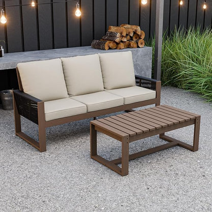 Rustic Hideaway Natural Cedar Wood Outdoor Furniture Set, Wicker Patio Conversation Set for Porch Garden Backyard, Couch and Coffee Table, 2 Piece, Brownish/Beige