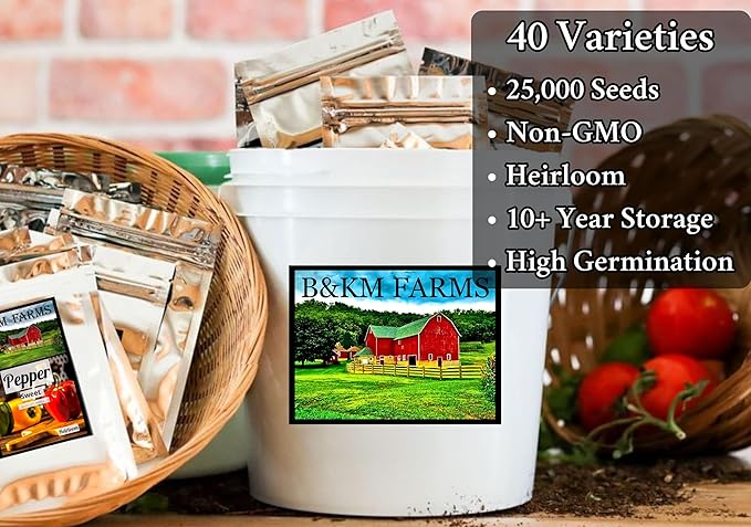 B&KM Farms 25,000+ Survival Seed Kit 5+ Year Supply. 40 Fruit & Vegetable Non-GMO Heirloom Seeds for Planting a Home Garden. Secure Emergency Weather-Proof Bucket