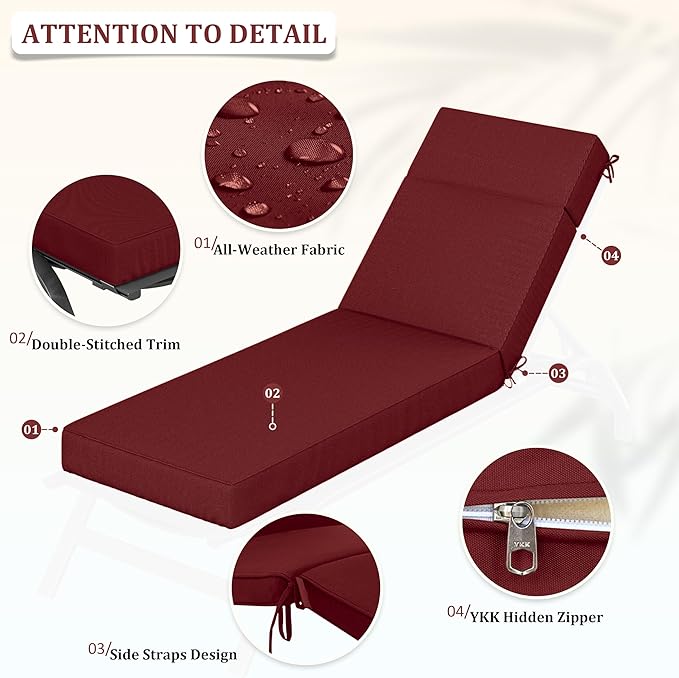 Chaise Lounge Cushions Outdoor, 72" L X 21" W X 4" D Lounge Chair Cushions for Outdoor Furniture, High-Density Foam Outdoor Chaise Cushion-Waterproof Fade-Resistant ThickPatio lounge chair cushion