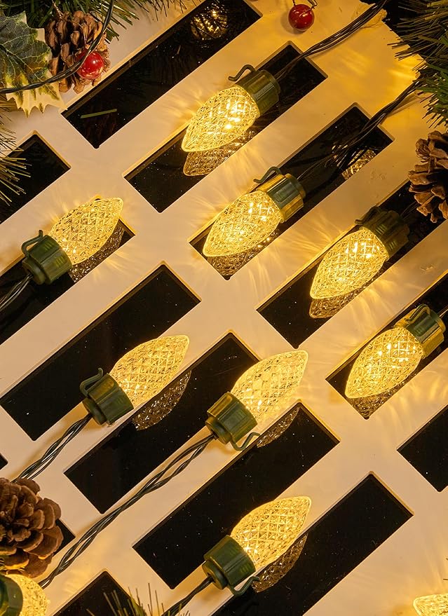 Solar Christmas Lights Outdoor, 2 Pack 50 LED C9 Strawberry String Light with Timer & 8 Light Mode, Waterproof Solar Christmas Tree Lights for Outside Garden Patio Party Christmas Decor, Warm White