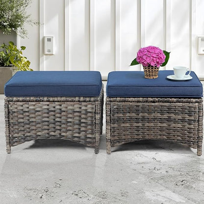 5 Piece Patio Furniture Wicker Conversation Set, 2 Chairs, 2 Ottomans with 1 Side Table, for Outdoors, Backyard, Deck, Navy