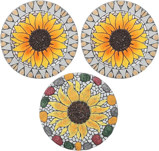 PINPON 3 Pack Gerbera Stepping Stones – 10 Inch Cement Garden Pavers with Colorful Pebble Border, Hand-Painted Outdoor Walkway Stones, Weather-Resistant Decorative Path Stones for Patio & Yard