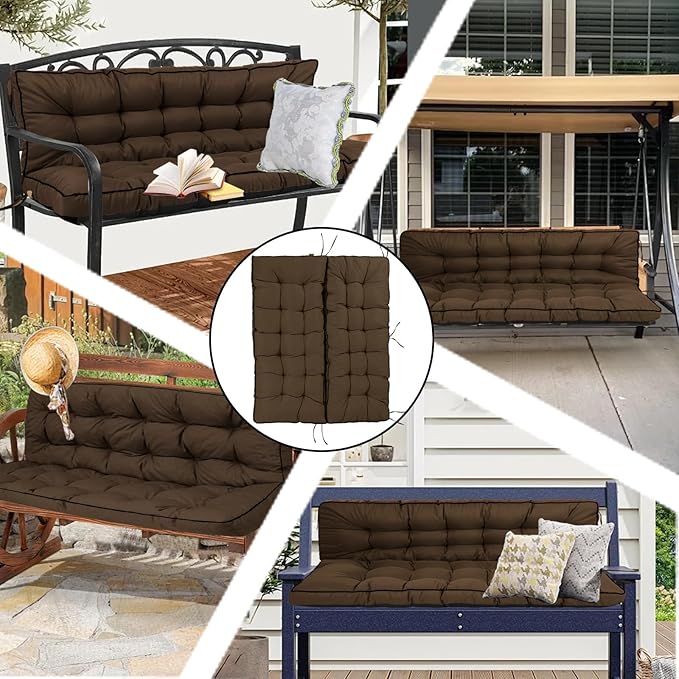 Porch Swing Cushion Three Seat, Waterproof Swing Cushions Replacement with Backrest, Outdoor Garden Furniture Patio 4" Thickened Cushions with Ties (Coffee, 40 x 71in)