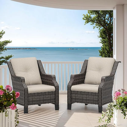 Patio Chairs Set of 2 Rattan Chair Patio Furniture Set with Thick Cushions and All-Weather PE Wicker for Garden, Patio and Porch, Beige