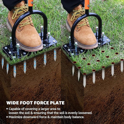 Lawn Aerator, Automatic Dirt and Leaf Clean Design, Heavy Duty Manual Lawn Aerator Tool with 15 Iron Spikes, Height Adjustable, Yard Grass Aerator for Lawn(Black with Orange)