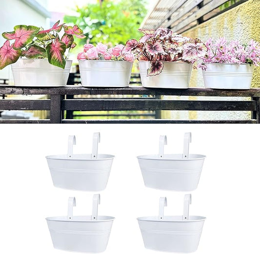 LaLaGreen Rail Planter for Outdoor (4 Pack, 9.8 Inch) Small and Cute Metal Iron Hanging Flower Pots Deck Railings Fence Buckets Boho Style White Wall Mount Window Box Plant Holder Hooks Porch Decor