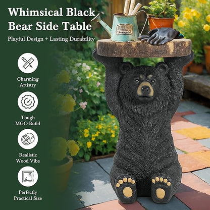Christopher Knight Home Blitz Bear Outdoor Side Table, MGO Bear Statue with Display Tabletop, Hand Painted Sculpture, Cute Small End Table for Indoor/Outdoor, No Assembly Required, Black + Brown