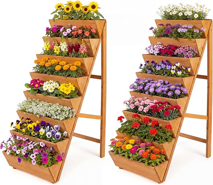 HAPPYGRILL Vertical Raised Garden Bed, Freestanding Wood Elevated Planter Box w/Legs for Growing Vegetables Flowers Herbs, Indoor Outdoor Tiered Plant Stand for Patio Yard Balcony Corner (2,8-Tier)