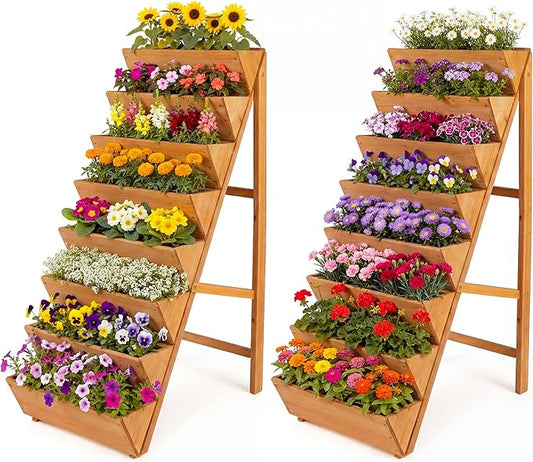HAPPYGRILL Vertical Raised Garden Bed, Freestanding Wood Elevated Planter Box w/Legs for Growing Vegetables Flowers Herbs, Indoor Outdoor Tiered Plant Stand for Patio Yard Balcony Corner (2,8-Tier)