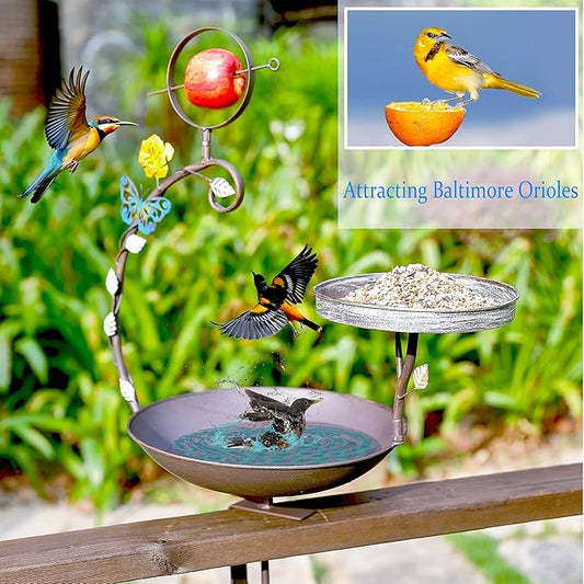 Deck Mounted Bird Bath, 2 in 1 Bird Feeder for Balcony with Fruit Spear, Railing Bird Feeder for Porch Patio Garden