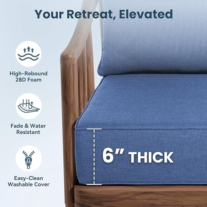 Outdoor Chair Cushions, 6 Inch Thick Patio Seat & Back Cushions Set with Removable Cover, Waterproof Patio Cushions for Outdoor Furniture, 24 x 24 Inch, Navy Blue 2-Set