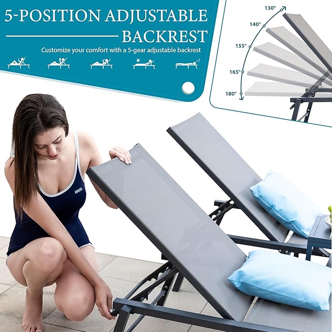 Brafab Outdoor Lounge Chair Set - 3 Pieces Aluminum Patio Chaise Chairs Set, Pool Loungers with Side Table & Insulated Cooler Bag, Adjustable Backrest Beach Chair for Poolside Garden Lawn Deck, Grey