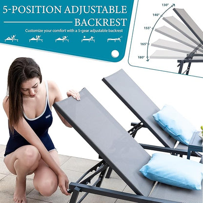 Brafab Outdoor Lounge Chair Set - 3 Pieces Aluminum Patio Chaise Chairs Set, Pool Loungers with Side Table & Insulated Cooler Bag, Adjustable Backrest Beach Chair for Poolside Garden Lawn Deck, Grey