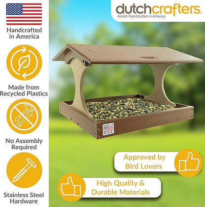 DutchCrafters Amish USA Made Poly Extra Large Fly Through Bird Feeder Post Mount for 4" x 4", Covered Bird Feeder Open Platform Seed Tray for Outdoor, Outside, Garden, Yard (Tudor Brown & Weatherwood)