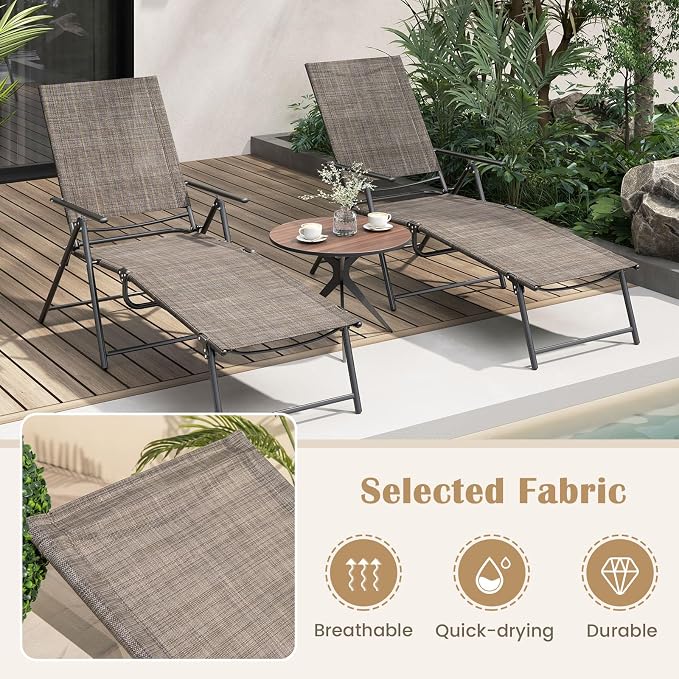 Giantex Lounge Chair Outdoor Set of 2 - Tanning Chair with 6 Adjustable Backrest, 2-Level Footrest, Folding Sunbathing Lounger for Patio, Poolside, Yard, Chaise Lounge Chair, Beach Chair (Brown)