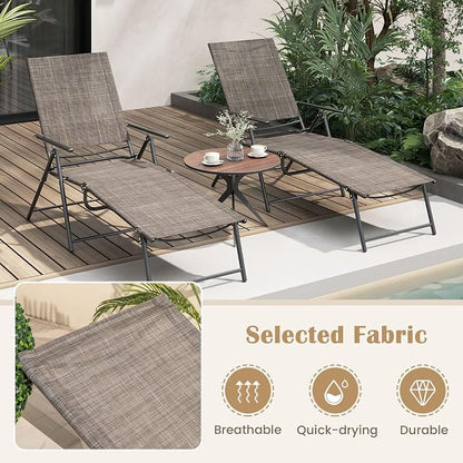 Giantex Lounge Chair Outdoor Set of 2 - Tanning Chair with 6 Adjustable Backrest, 2-Level Footrest, Folding Sunbathing Lounger for Patio, Poolside, Yard, Chaise Lounge Chair, Beach Chair (Brown)