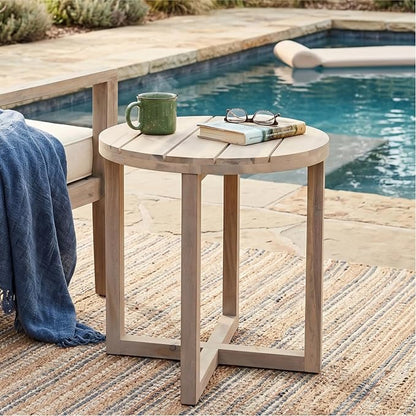 Christopher Knight Home Jara Outdoor Round Side Table, Slat Panel Small Coffee Table, Acacia Wood Side Desk for Backyard Balcony Garden, Weather Resistant Patio End Table, Light White