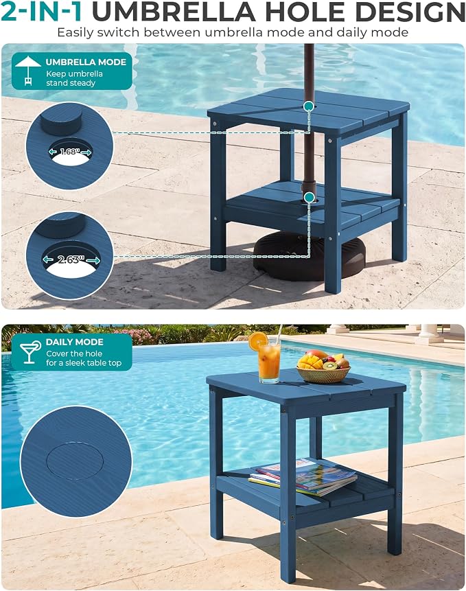 SERWALL 2-Tier HDPE Outdoor Side Table with Umbrella Hole, Weatherproof Rectangular Adirondack Side Table, Blue