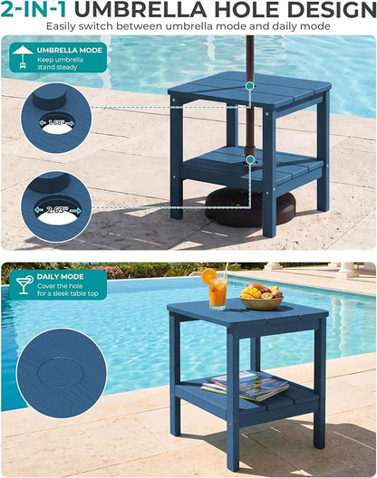 SERWALL 2-Tier HDPE Outdoor Side Table with Umbrella Hole, Weatherproof Rectangular Adirondack Side Table, Blue