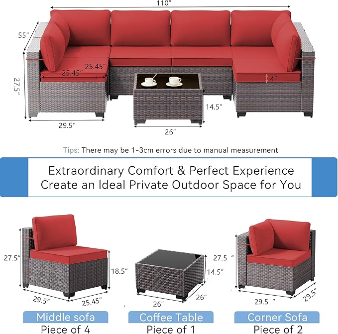 7 Pieces Outdoor Patio Furniture Set with Coffee Table, PE Wicker Rattan Outdoor Sectional Patio Set with Thick Cushion, Outdoor Patio Conversation Set for Backyard, Garden, Deck, Red