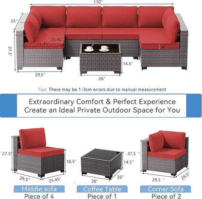 7 Pieces Outdoor Patio Furniture Set with Coffee Table, PE Wicker Rattan Outdoor Sectional Patio Set with Thick Cushion, Outdoor Patio Conversation Set for Backyard, Garden, Deck, Red