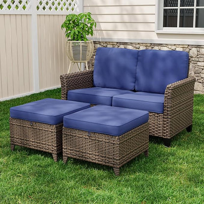 Canyon Ridge Wicker Patio Sofa with 2 Ottomans, Small Balcony Furniture, Outdoor Furniture Set, 2 Seat Loveseat, Brown/Blue