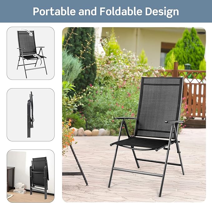 Tangkula Set of 4 Patio Foldable Dining Chairs, Outdoor Portable Camping Chairs with Armrest High Backrest, Folding Chairs for Porch, Poolside, Garden, Balcony, Backyard (Black)