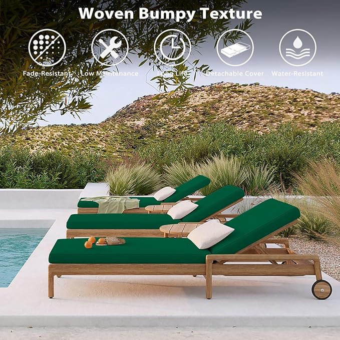 Sundale Outdoor Olefin Chaise Lounge Cushion Set of 2, Water-Resistant Patio Lounge Chair Cushion, Thick Lounger Pad with 4 Straps Dark Green, 72 x 21 x 4 Inches