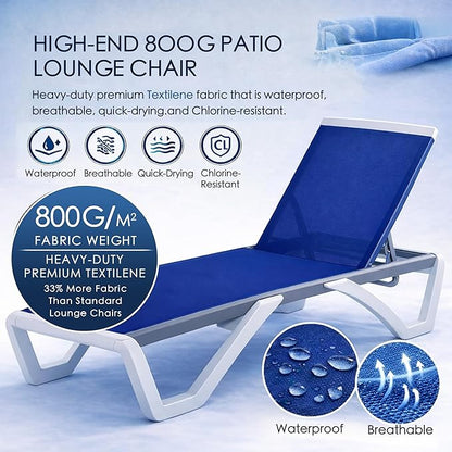 Kozyard Outdoor Chaise Lounge Chair Set, Fully Flat Adjustable Patio Lounger with Aluminum Frame & Resin Legs, Textilene Fabric for Poolside, Backyard & Beach (Blue, Chair + Table)