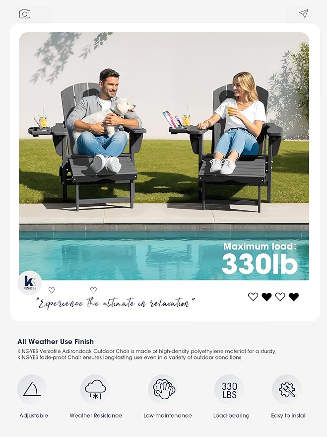 KINGYES Adjustable Folding Adirondack Chair with Footrest & 4-in-1 Multi-Functional Armrest Organizer, HDPE Foldable Reclining Adirondack Chair with Pull-Out Ottoman, Gray