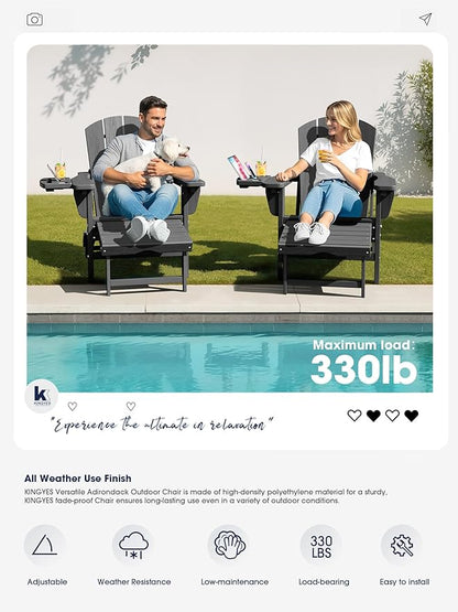 KINGYES Adjustable Folding Adirondack Chair with Footrest & 4-in-1 Multi-Functional Armrest Organizer, HDPE Foldable Reclining Adirondack Chair with Pull-Out Ottoman, Gray