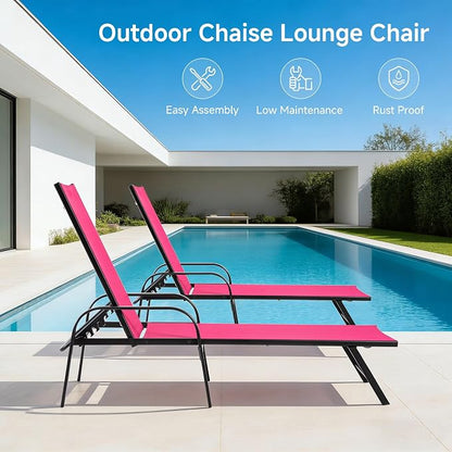 NEWBULIG Outdoor Lounge Chair for Pool Set of 2, with 5-Position Recliner, 350 lbs Heavy Duty Patio Pool Chair, Outdoor Sun Chairs with Metal Frame for Backyard, Deck, Pink