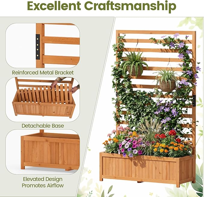 Giantex Raised Garden Bed with Trellis, 59” Tall Planter Box with Liner, Drainage Gaps for Climbing Vine Vegetable Flower, Indoor Outdoor Freestanding Privacy Screen for Porch Patio Yard