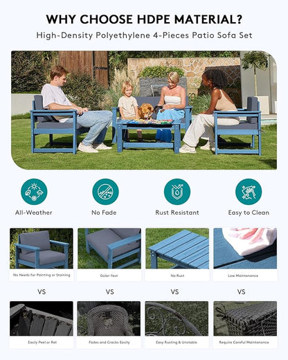 SERWALL 5 Pieces HDPE Outdoor Sofa Set with Cushions, All Weather Couch Conversation Set, Loveseat Social Furniture Chairs with Coffee Table, Blue Frame with Grey Cushions